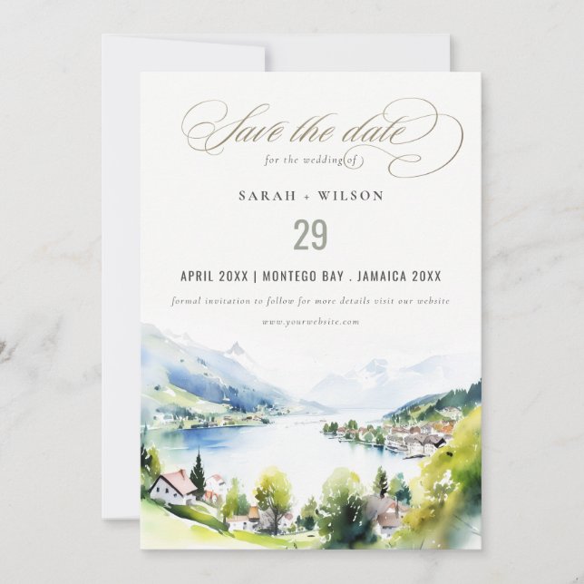 Lungern Switzerland Watercolor Landscape Wedding Save The Date (Front)