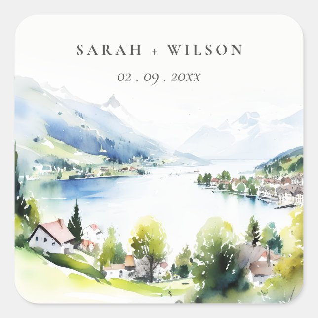 Lungern Switzerland Watercolor Landscape Wedding Square Sticker (Front)