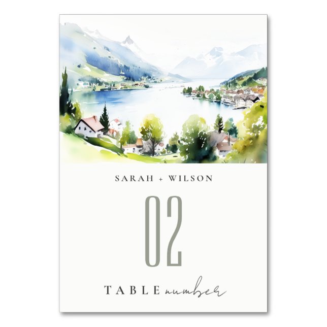 Lungern Switzerland Watercolor Landscape Wedding Table Number (Front)