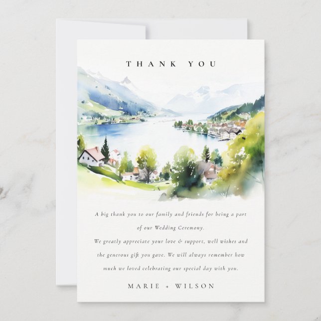 Lungern Switzerland Watercolor Landscape Wedding Thank You Card (Front)