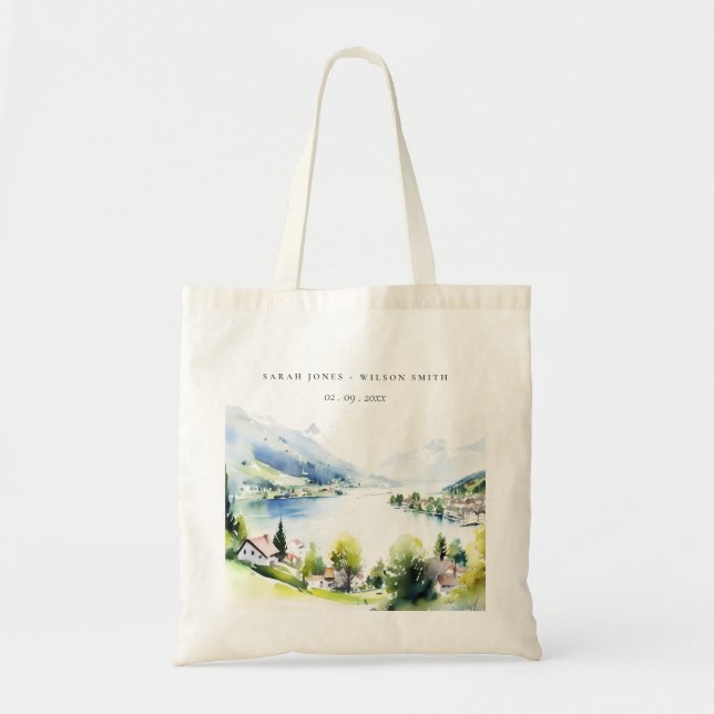 Lungern Switzerland Watercolor Landscape Wedding Tote Bag (Front)