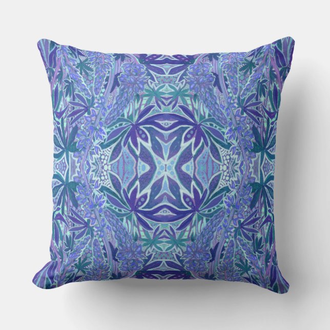 Lupine Flower Bohemian Arabesque Pattern Blue Teal Throw Pillow (Front)