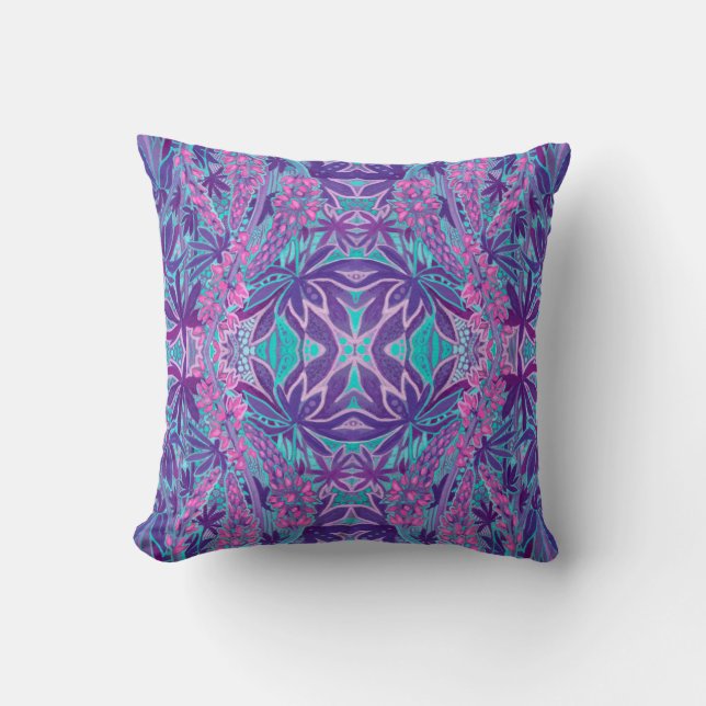 Lupine Flower Bohemian Arabesque Pattern Pink Mint Throw Pillow (Front)