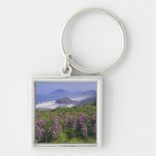 Lupine flowers and rugged coastline along keychain