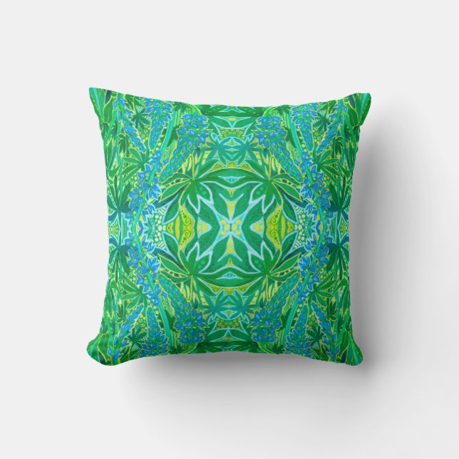 Lupine Flowers Bohemian Arabesque Pattern Green Th Throw Pillow (Front)