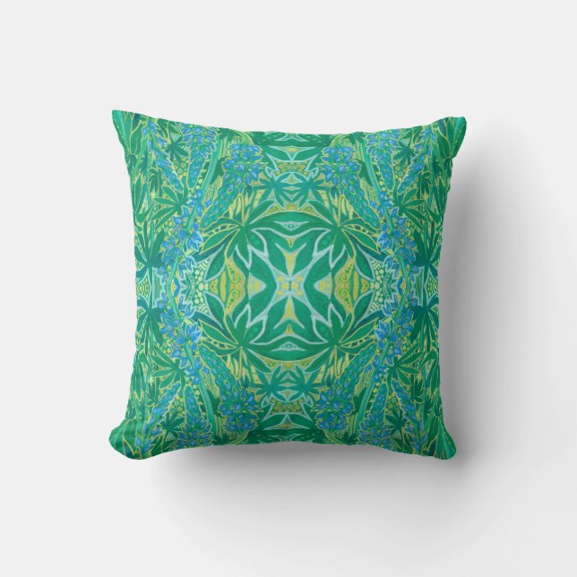 Lupine Flowers Bohemian Arabesque Pattern Green Throw Pillow (Front)