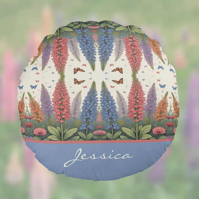 Lupine Flowers n Butterflies Vintage Monogram Round Pillow (Creator Uploaded)