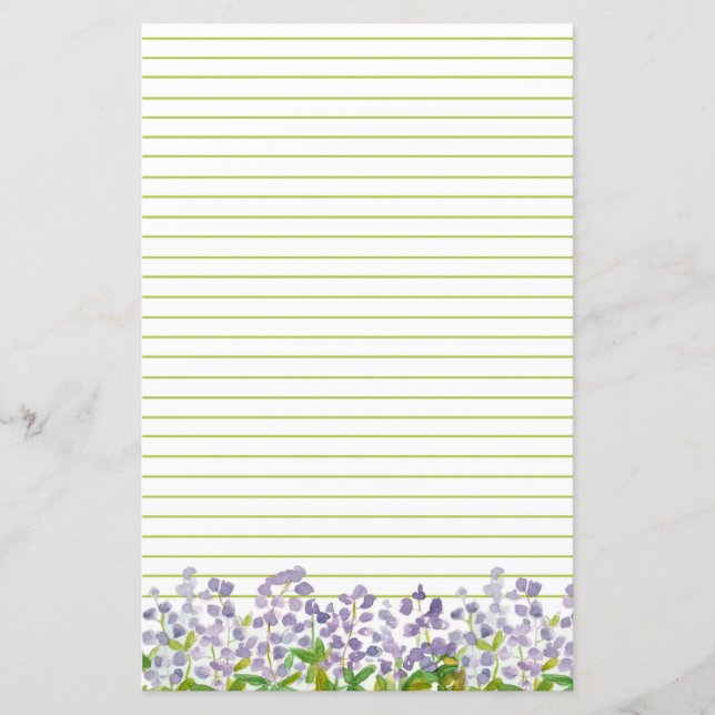 Lupine Wildflowers Monogram Green Lined Stationery (Front)