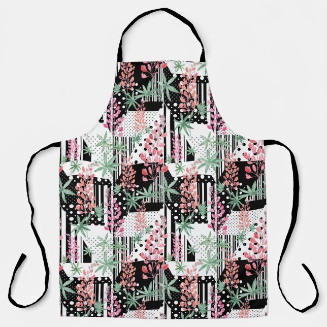 Lupines on a patchwork black and white background  apron (Front)