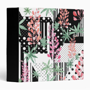 Lupines on a patchwork black and white background binder