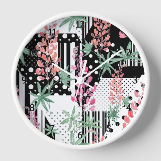 Lupines on a patchwork black and white background  clock (Front)
