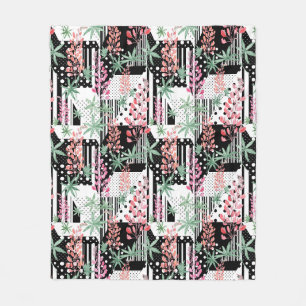Lupines on a patchwork black and white background  fleece blanket