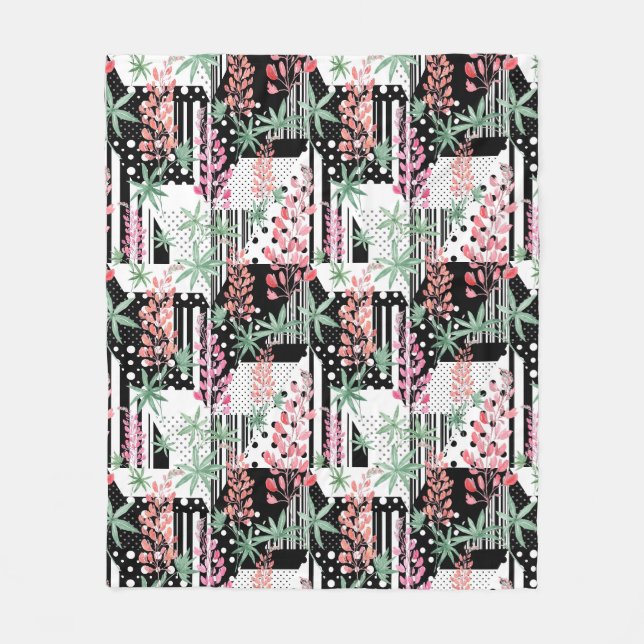 Lupines on a patchwork black and white background  fleece blanket (Front)
