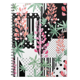 Lupines on a patchwork black and white background  notebook