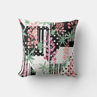 Lupines on a patchwork black and white background  throw pillow