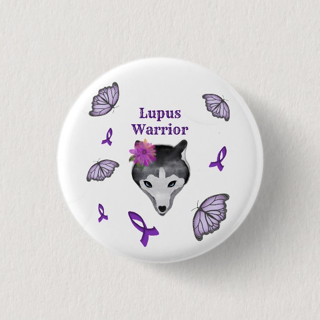Lupus Warrior Wolf Purple Ribbon Butterfly 1 Inch Round Button (Front)