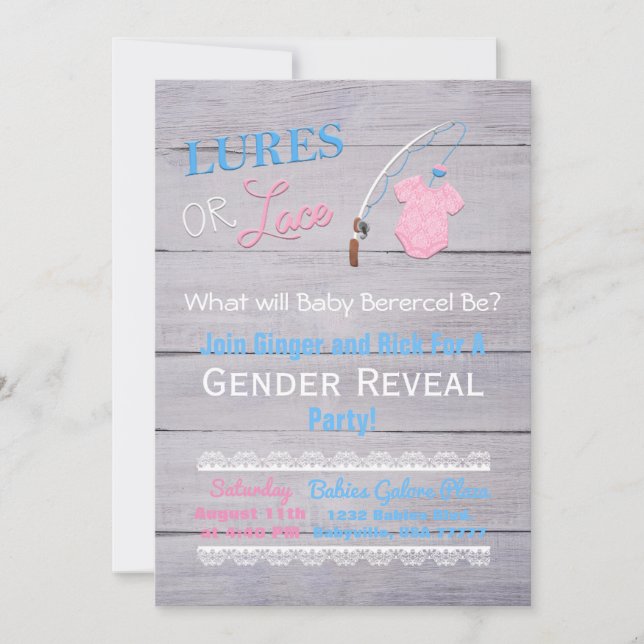 Lures or Lace Wooden Gender Reveal Baby Shower Invitation (Front)