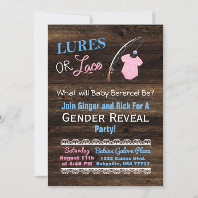 Lures or Lace Wooden Gender Reveal Baby Shower Invitation (Front)