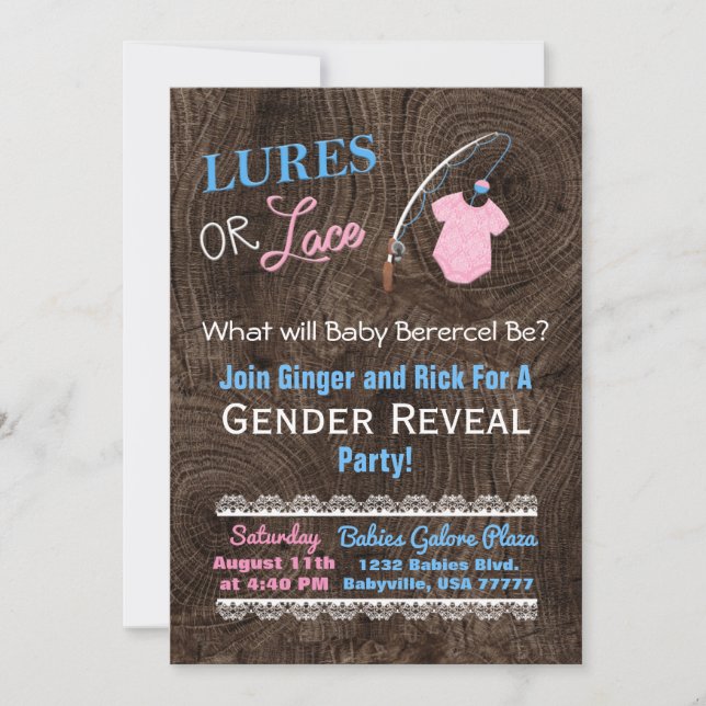 Lures or Lace Wooden Gender Reveal Baby Shower Invitation (Front)