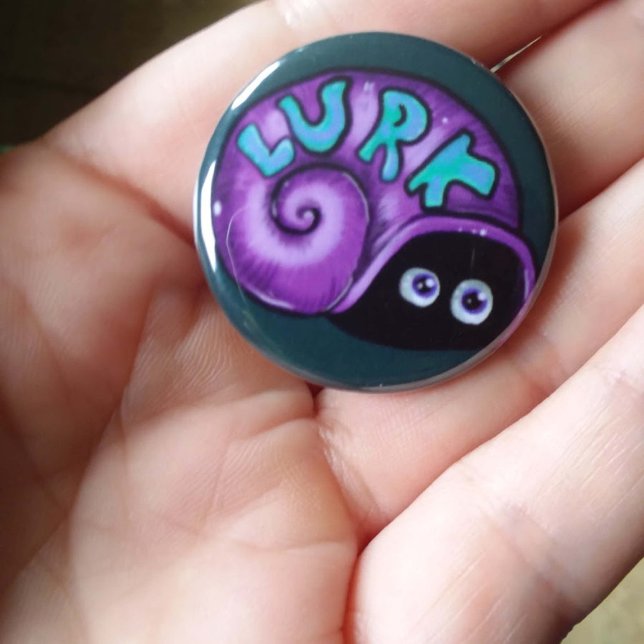Lurk Introvert Snail Emote 1 Inch Round Button (Lurk purple Snail hiding in shell- cute emote turned into a button!)