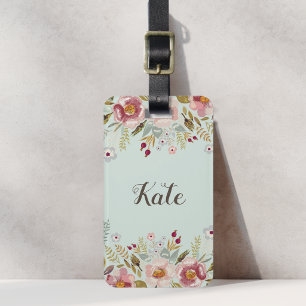 Luscious Pink Floral Green Custom Name Luggage Tag
