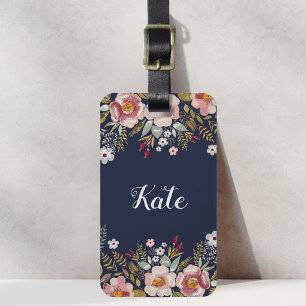 Luscious Pink Floral Navy Blue Custom Name Luggage Tag
