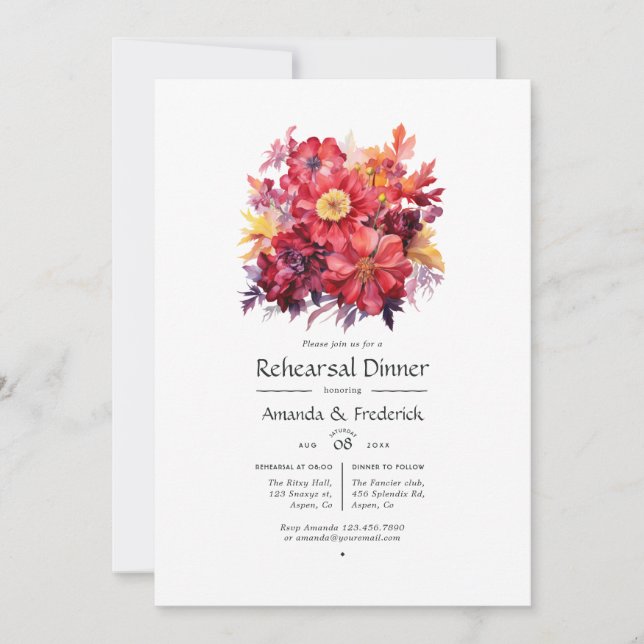 Luscious Red Floral Wedding Rehearsal Dinner Invitation (Front)