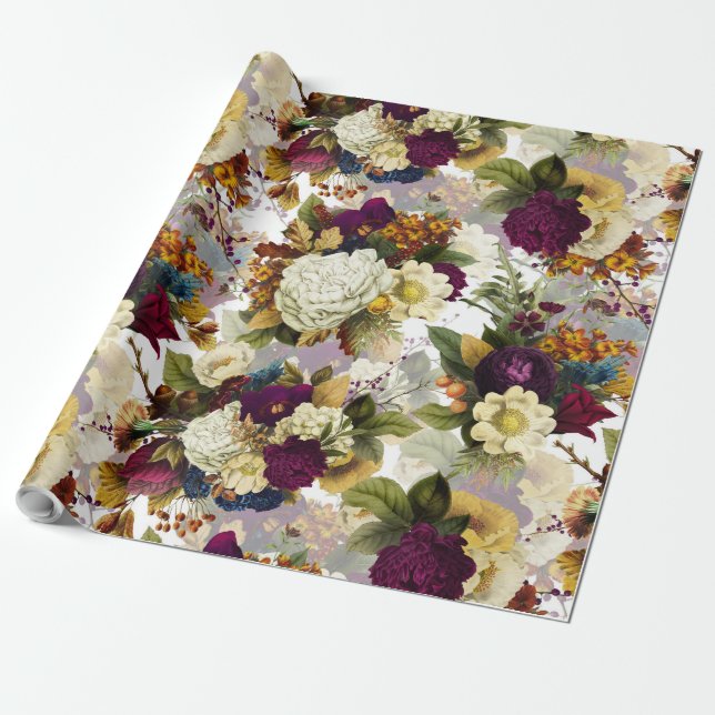 Lush antique flower bouquets on white pattern wrapping paper (Unrolled)