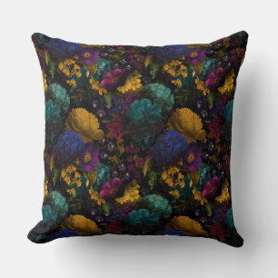 Lush baroque antique flowers on black throw pillow