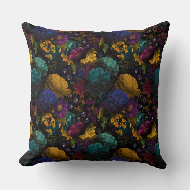 Lush baroque antique flowers on black throw pillow (Front)