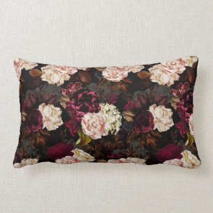 Lush baroque antique peony flowers on black lumbar pillow