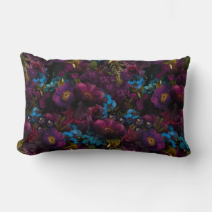 Lush baroque purple antique flowers on black lumbar pillow