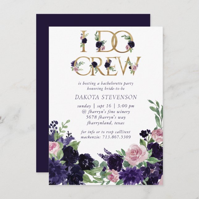 Lush Blossoms | Purple and Pink Floral I Do Crew Invitation (Front/Back)