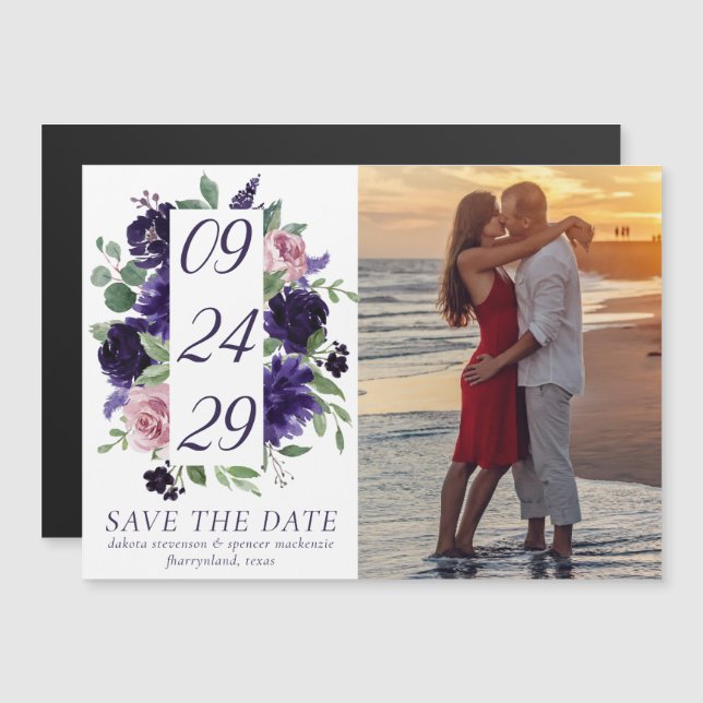 Lush Blossoms | Purple and Pink Rose Save the Date Magnetic Invitation (Front/Back)