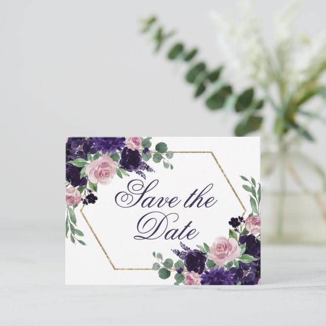 Lush Blossoms | Purple and Pink Rose Save the Date Postcard (Standing Front)