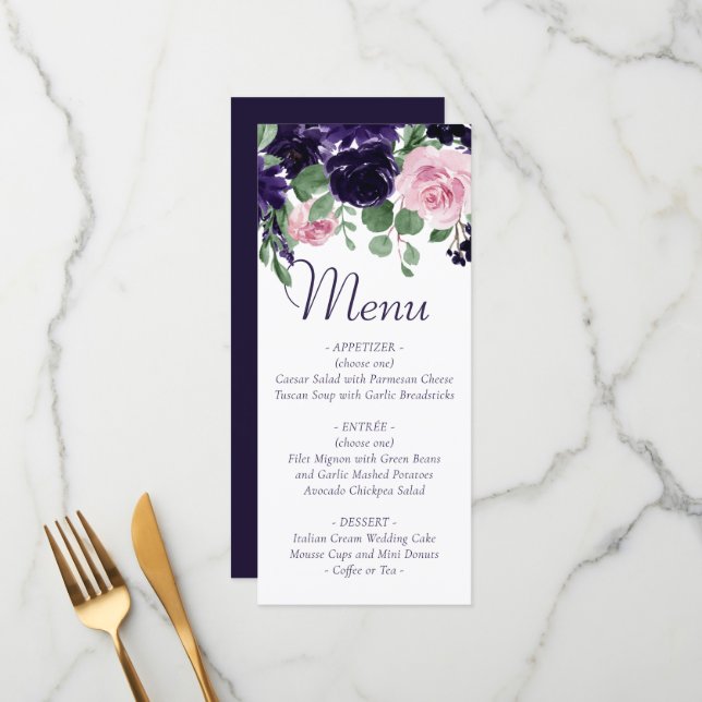 Lush Blossoms | Purple and Pink Roses Garland Menu (Front/Back In Situ)