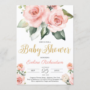Lush blush boho floral and gold baby shower invitation