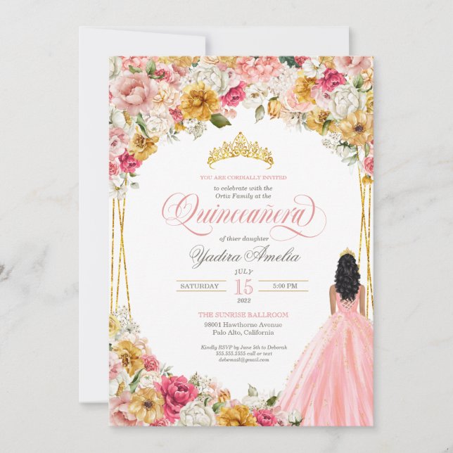 Lush Blush Pink Yellow Floral & Gown Quinceanera Invitation (Front)