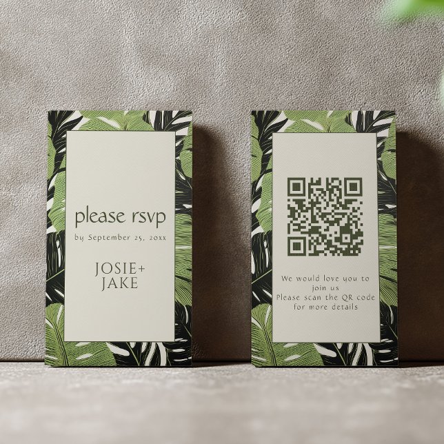 Lush Botanicals RSVP Green Jungle Leaves QR Code Enclosure Card (Tropical leafy border RSVP enclosure with QR code)