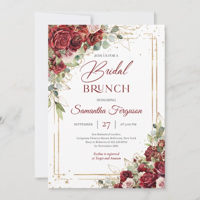 Lush burgundy floral gold geometric Bridal brunch Invitation (Front)