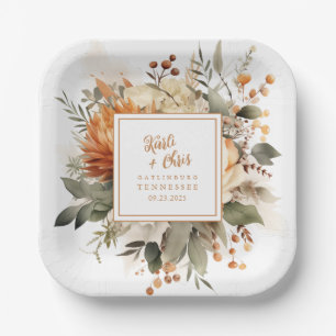 Lush Burnt Orange Fall Floral & Greenery Paper Plate