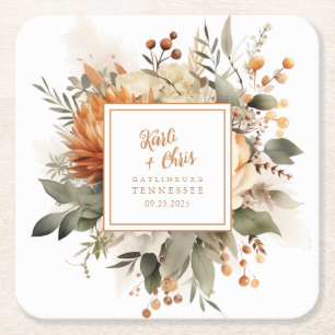 Lush Burnt Orange Fall Floral & Greenery Square Paper Coaster