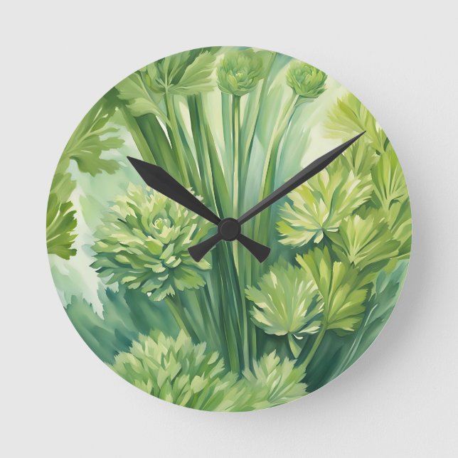 Lush Celery Green Botanical Pattern Round Clock (Front)