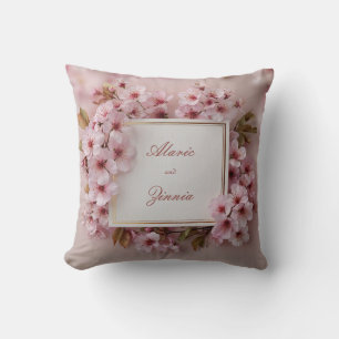 Lush Cherry Blossom Gold Frame Pink Garden Throw Pillow