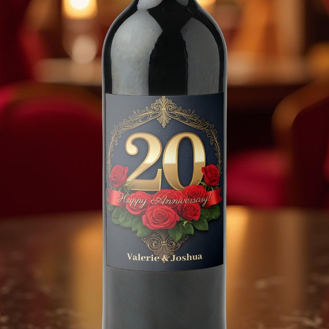 Lush Crimson Roses Golden 20th Wedding Anniversary Wine Label (Creator Uploaded)