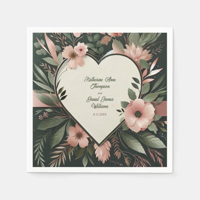 Lush Dark Green and Blush Pink Floral Wedding Napkin (Front)