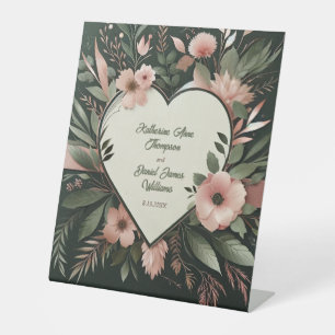 Lush Dark Green and Blush Pink Floral Wedding Pedestal Sign