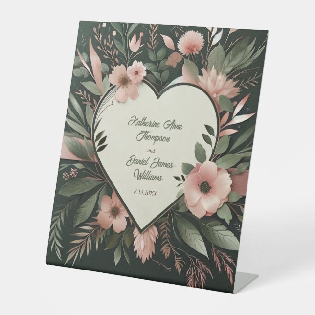 Lush Dark Green and Blush Pink Floral Wedding Pedestal Sign (Front)
