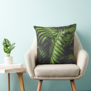 Lush Dark Green Fern Leaves Moody Woodland Throw Pillow
