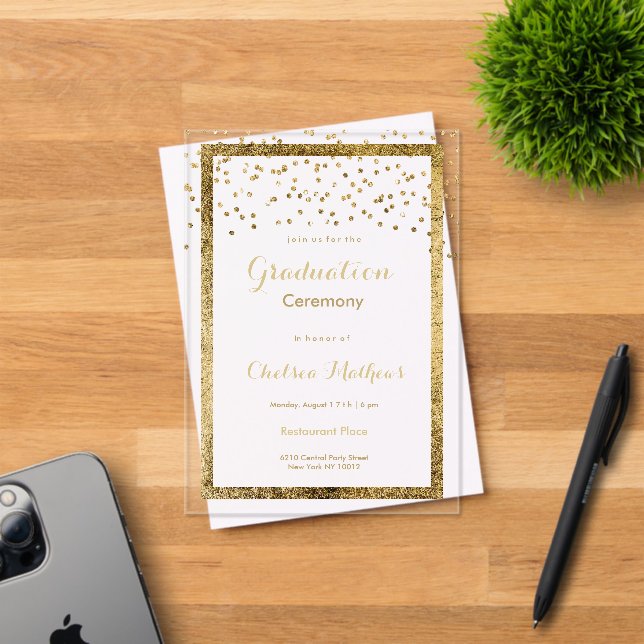 Lush elegant white gold confetti Graduation  Acrylic Invitations (Insitu (Invitation Card))